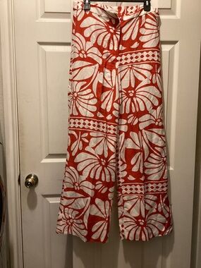 H&M Linen-Blend Wide Leg Pants in Red and White Floral
